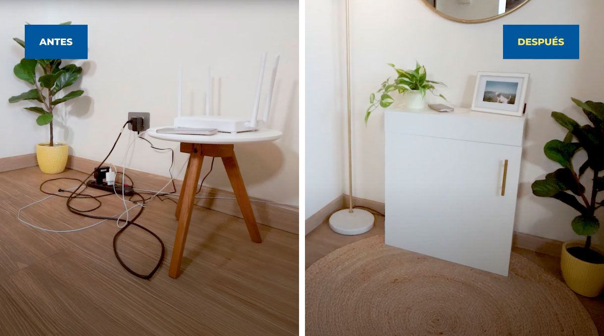 el antes y el después de un espacio lleno de cables y router, que ha sido mejorado con un mueble organizador para cables.