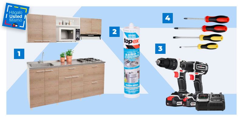 selección de productos para armar un mueble de cocina con lavaplatos y encimera: mueble para cocina con lavaplatos y encimera, silicona, desatornilladores eléctricos y desatornilladores manuales.