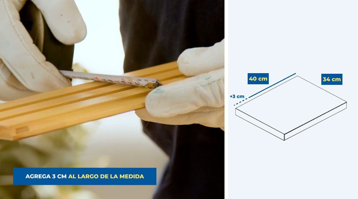 una persona mide un trozo de wall panel con una huincha para medir.