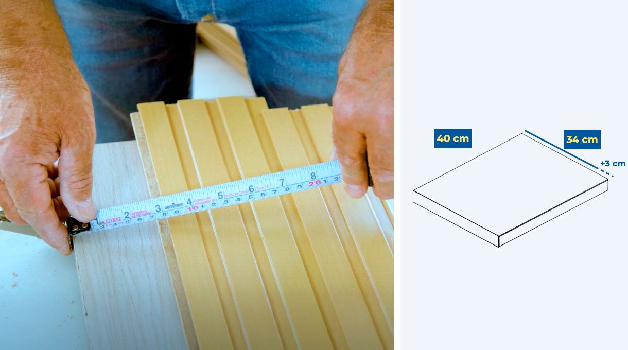 una persona mide el ancho de un trozo de wall panel.