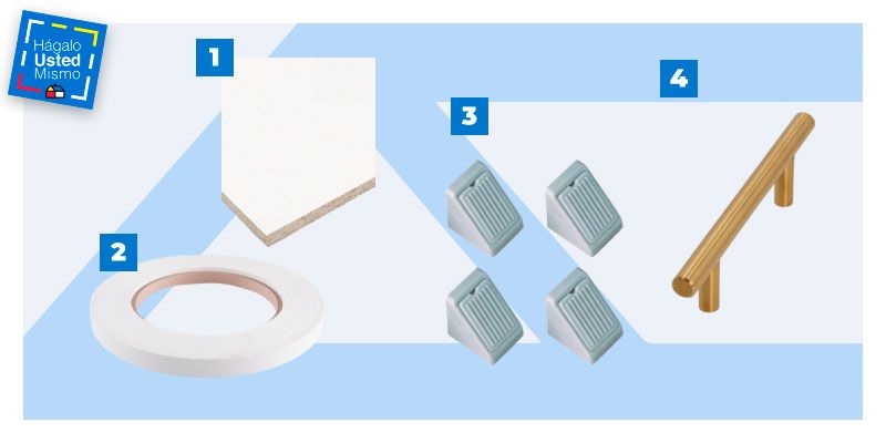 selección de productos para hacer un mueble organizador para cables: melamina blanca de 18 mm, cinta para enmascarar, escuadras plásticas y manilla.
