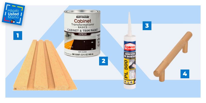 selección de productos para remodelar unos muebles de cocina: wall panel, pintura especial para melamina, adhesivo de montaje y manillas doradas.