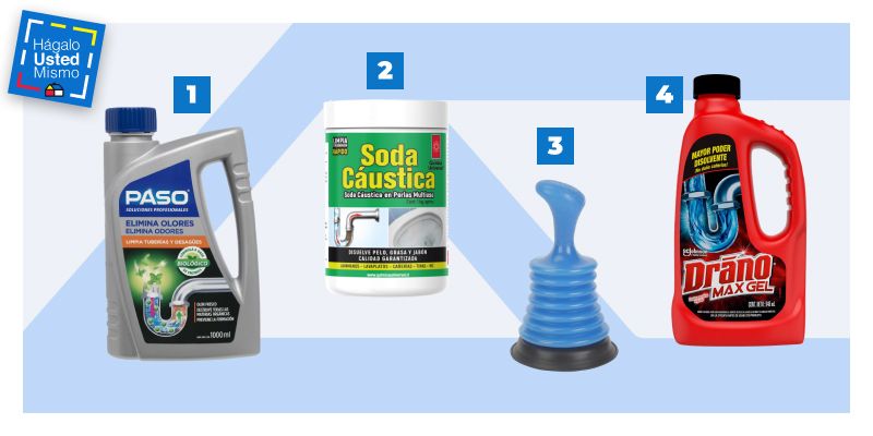selección de productos para destapar un desagüe: destapador biológico, soda cáustica, destapador de goma y destapador químico.