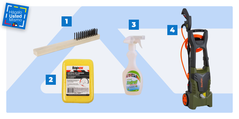 selección de productos para limpiar rayados o grafitis del muro de una fachada: escobilla de cerdas de metal, esponja amarilla, removedor de grafitis e hidrolavadora.