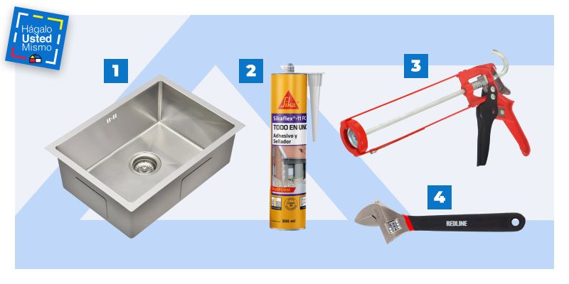 selección de productos para instalar un lavaplatos bajo cubierta: lavaplatos bajo cubierta, adhesivo multiuso, pistola calafatera y llave ajustable.
