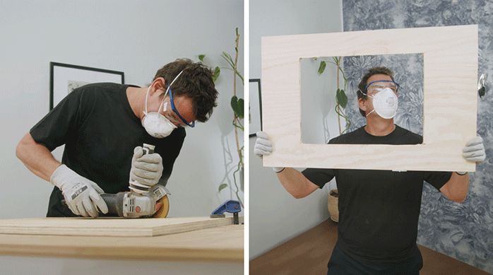 una persona hace un calado en una cubierta de madera usando un esmeril angular, con todos los elementos de seguridad puestos.