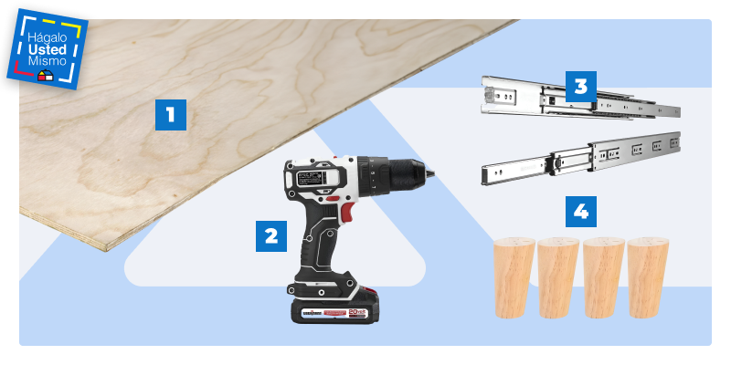 selección de productos para construir una mesa de centro con espacio para almacenar: terciado de mueblería de 18 mm, taladro inalámbrico, correderas telescópicas y patas de madera.