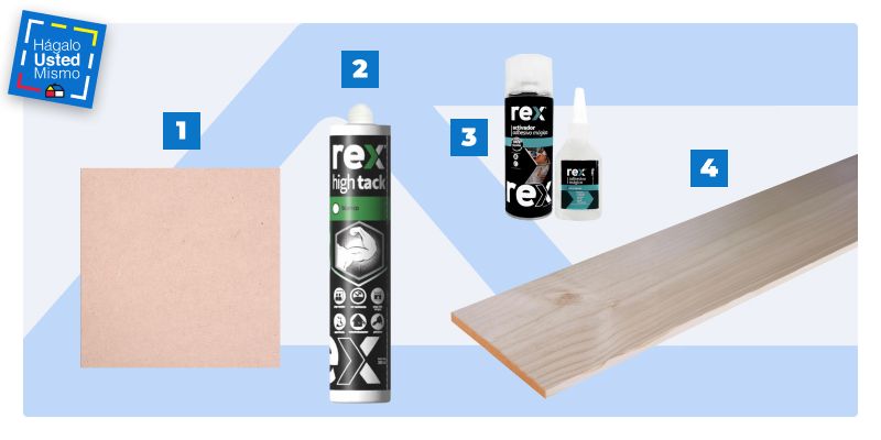selección de productos para renovar el muro de un dormitorio sin perforar: MDF, adhesivo high tack, adhesivo mágico rex y pino seco cepillado.