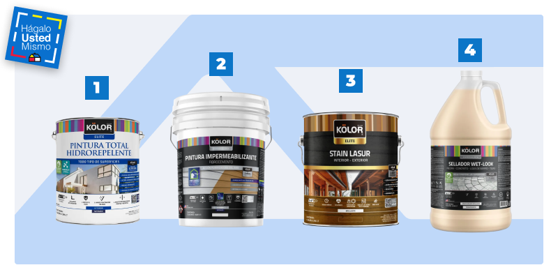 selección de pinturas y productos para pintar la fachada de una casa: pintura hidrorrepelente, pintura imprimante, stain lasur y sellador efecto mojado.