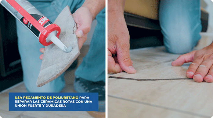una persona aplica pegamento de poliuretano en la cara posterior de una baldosa rota y la pega en el piso de cerámica.