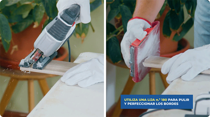 una persona corta un guardapolvo usando una sierra caladora en ángulo de 45° y luego suaviza el corte con una lija n.° 180.