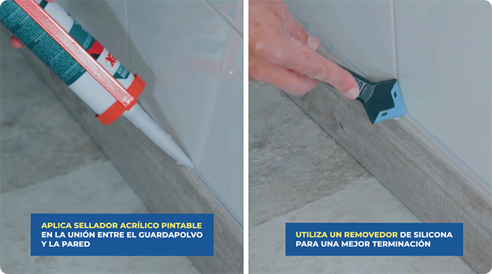 una persona aplica sellador acrílico pintable en el borde del guardapolvo con el muro y luego pasa un removedor de silicona para emparejarlo.