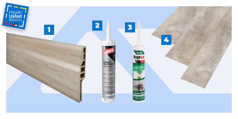 selección de productos para instalar piso vinílico SPC en una cocina: guardapolvo de PVC, sellador de uretano, sellador acrílico pintable y piso vinílico SPC.