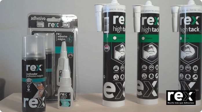 adhesivo mágico de la marca rex y adhesivo high tack de la marca rex.