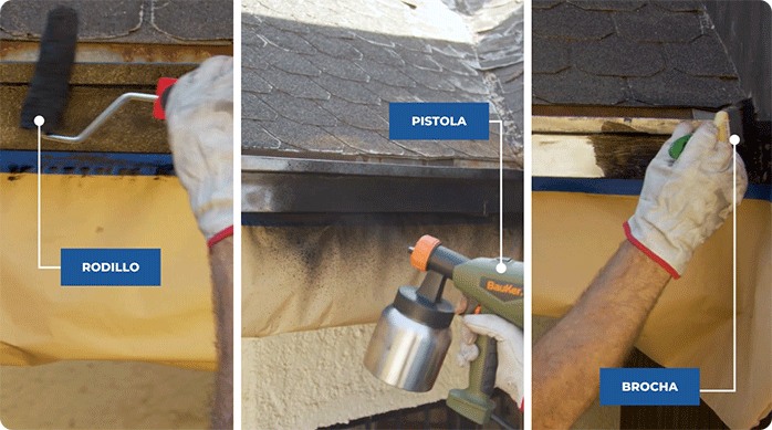 una persona aplica la pintura para metales Kölor en las canaletas de una casa usando rodillo, pistola para pintura y brocha.