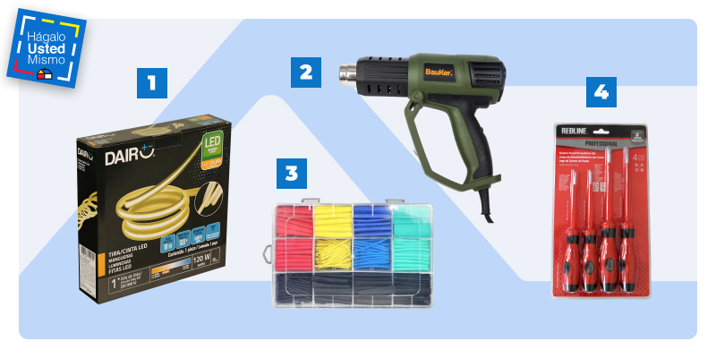selección de productos para instalar luces led en la entrada de una casa: cinta de luces led dairu, pistola de calor, tubos termoretráctiles y set de atornilladores.