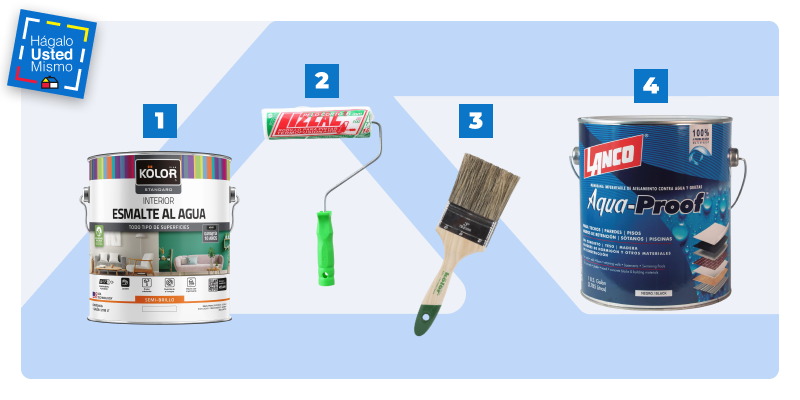 selección de productos para impermeabilizar un baño: esmalte al agua, rodillo esponja, brocha y membrana impermeabilizante aqua proof de lanco.