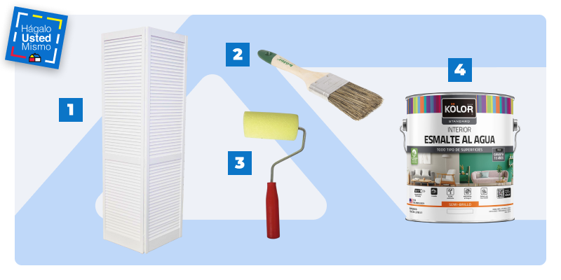 selección de productos para instalar puertas plegables en un closet: puertas plegables, brocha, rodillo esponja y esmalte al agua.