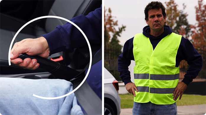 una persona pone el freno de mano de su vehículo y luego se pone su chaleco reflectante para bajar del auto.