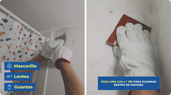 una persona limpia el muro de un baño con una espátula y luego con una lija n.° 180.