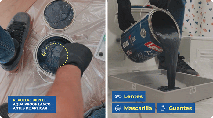 una persona revuelve el aqua proof de lanco y lo vierte en una bandeja para pintar.