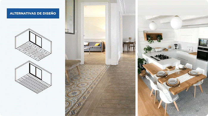 se muestran alternativas de diseño para combinar pisos vinílicos en un living y un comedor.