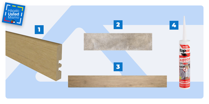 Selección de productos para combinar pisos vinílicos: guardapolvo, piso vinílico madera, piso vinílico cerámica piedra y adhesivo de montaje.