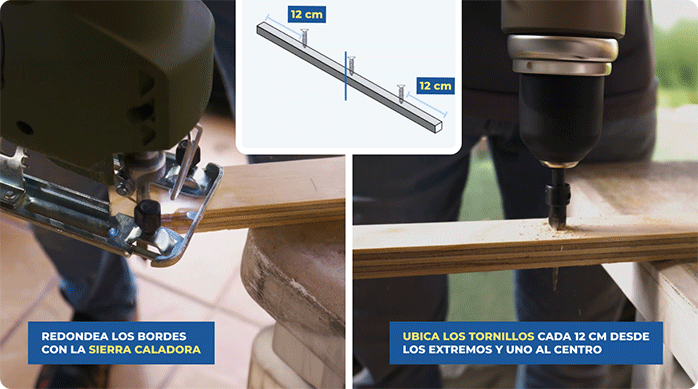 una persona redondea las puntas de un trozo de terciado usando una sierra caladora y le hace además unas perforaciones con un taladro.