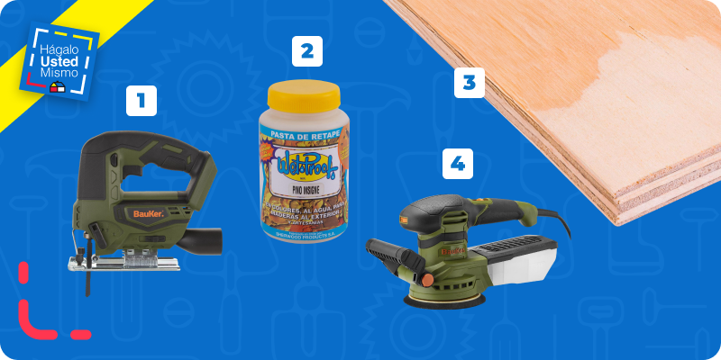 selección de productos para hacer un mueble esquinero para la tv: sierra caladora, pasta de retape, terciado mueblería y lijadora roto orbital.