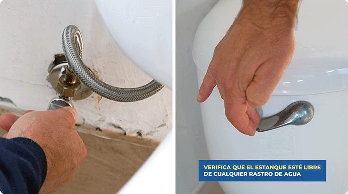 un hombre cierra la llave de paso de agua de un wc y tira la cadena para dejar el estanque vacío.
