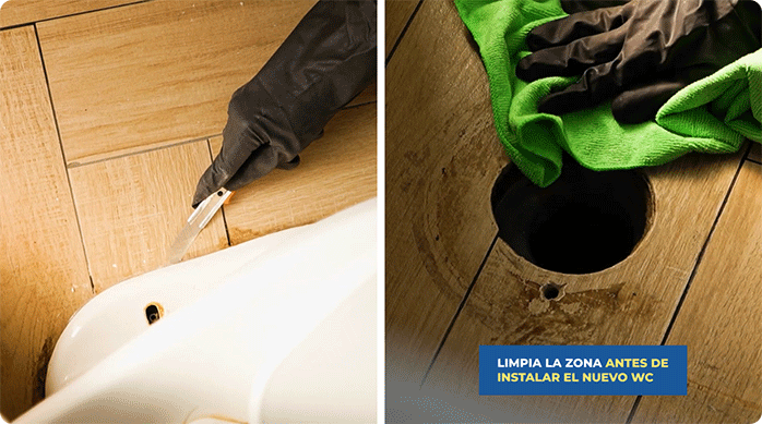 una persona corta el sello de silicona de la base del wc con un cuchillo cartonero y luego limpia alrededor del desagüe con un paño de microfibra.