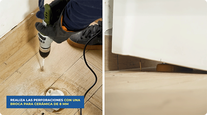 una persona perfora el piso del baño, pone tornillos y luego instala el WC sobre ellos.