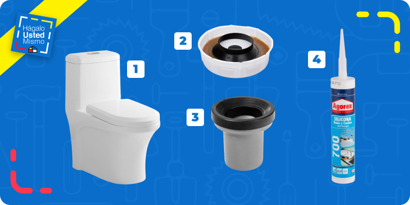 selección de productos para instalar un WC: WC de 1 pieza, sello de cera, adaptador excéntrico y silicona para baño.