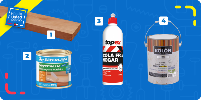 selección de productos para construir un mueble estante para baño: roble vaporizado, pasta de retape, cola fría y barniz opaco natural.