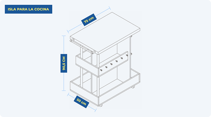 dibujo que muestra el proyecto de isla de cocina y sus dimensiones.