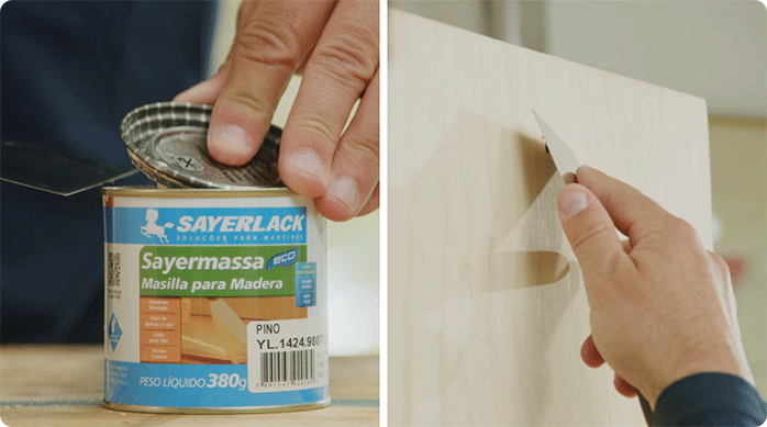una persona usa pasta de retape para tapar los agujeros que dejaron los tornillos en la isla de cocina.
