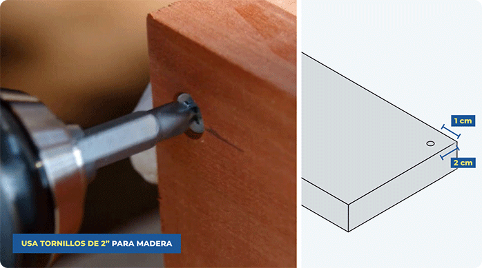 una persona une la parte superior del mueble estante con su lateral usando tornillos de 2" para madera.