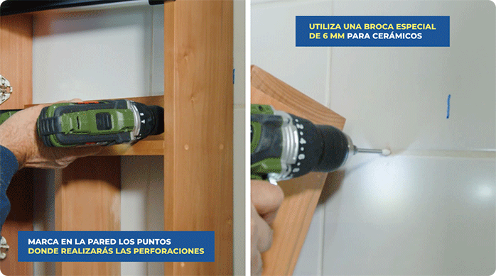 una persona perfora el muro de un baño con una broca especial de 6 mm para cerámica.