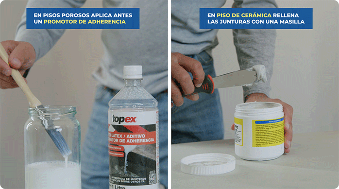 una persona usa una brocha para aplicar promotor de adherencia y luego una espátula para aplicar masilla.