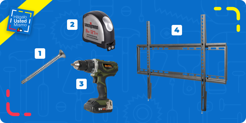selección de productos para instalar una tv en un muro de yeso cartón: tornillos punta broca, huincha de medir, desatornillador inalámbrico y soporte para tv Dairu.