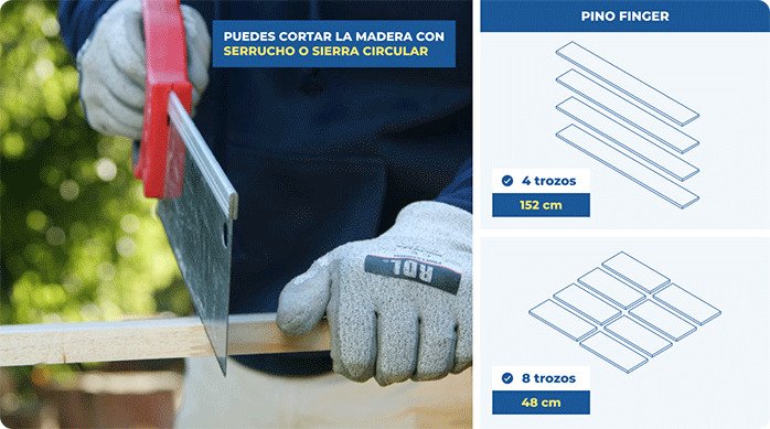 una persona corta los cortes de pino finger necesarios para hacer el leñero con un serrucho costilla.