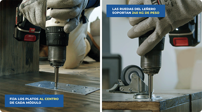 un hombre une 2 cajones de madera usando platos clavables y luego instala en la base ruedas con freno.