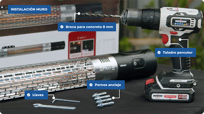 herramientas y materiales necesarios para instalar el calefactor de exterior en la terraza: llaves, pernos de anclaje, broca y taladro.