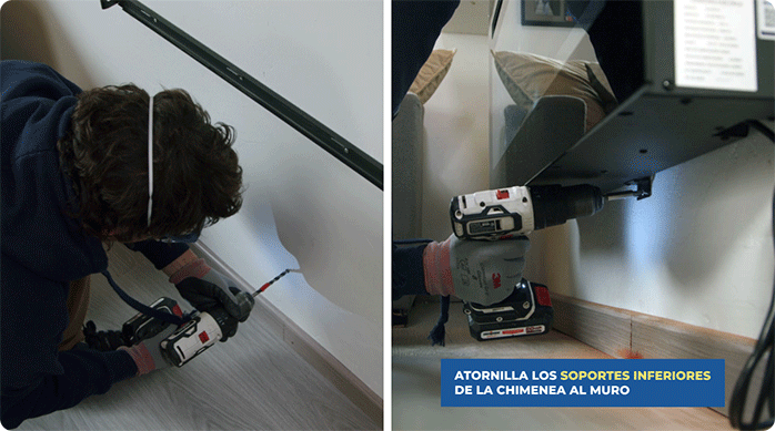 un hombre perfora el muro del living, cuelga la chimenea y fija su soporte inferior.