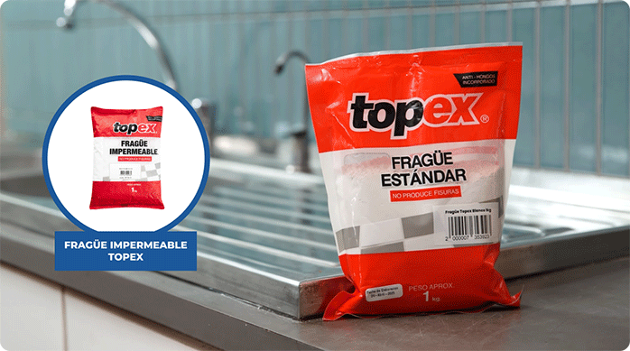una bolsa de fragüe estándar Topex apoyada sobre el mesón de la cocina.