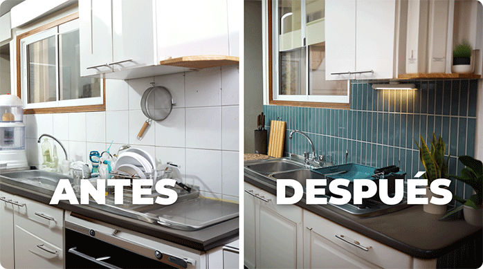 el antes y el después de una cocina que fue renovada con mallas cerámicas.