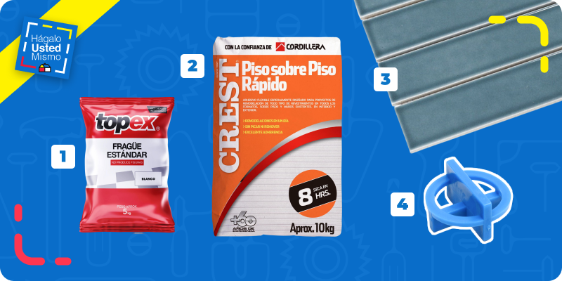 selección de productos para instalar mallas cerámicas o mallas mosaico: fragüe estándar, adhesivo para cerámica, malla mosaico o malla cerámica o malla brick y espaciadores.