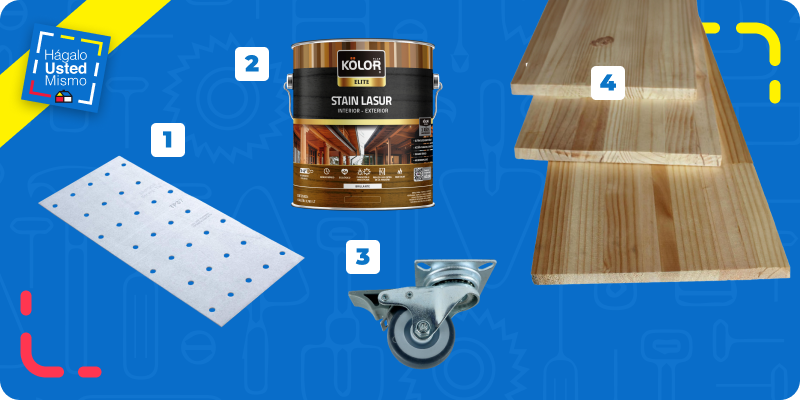 selección de productos para construir un leñero interior: plato clavable, stain lasur o barniz marino, rueda giratoria con freno y lámina mueblería o pino finger.