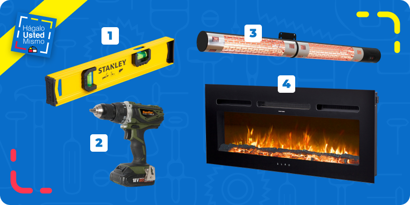 selección de productos para calefaccionar una terraza y un living: nivel de burbuja, taladro percutor, calefactor eléctrico para exterior y chimenea eléctrica para interior.