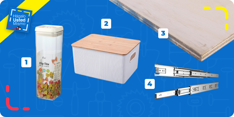 selección de productos para hacer un verdulero en la cocina: contenedor de alimentos, canasto de plástico, plancha de terciado y rieles telescópicos.